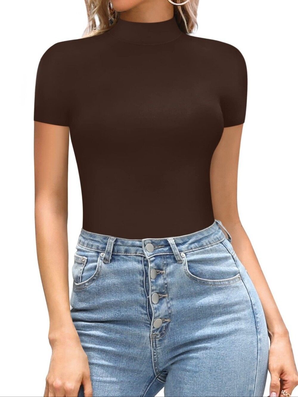 Women's Chocolate Brown Short Sleeve Mock Neck Bodysuit Sz S M L XL 2X